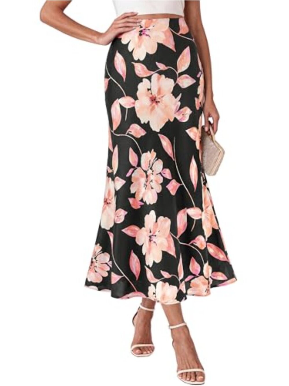 A-Line High Waisted Satin Midi Skirt for Women